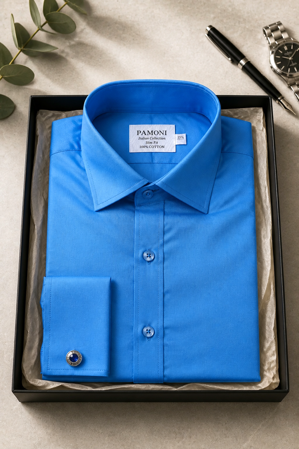 Sky Blue Slim Fit Double Cuff 100% Cotton Dress Shirt
