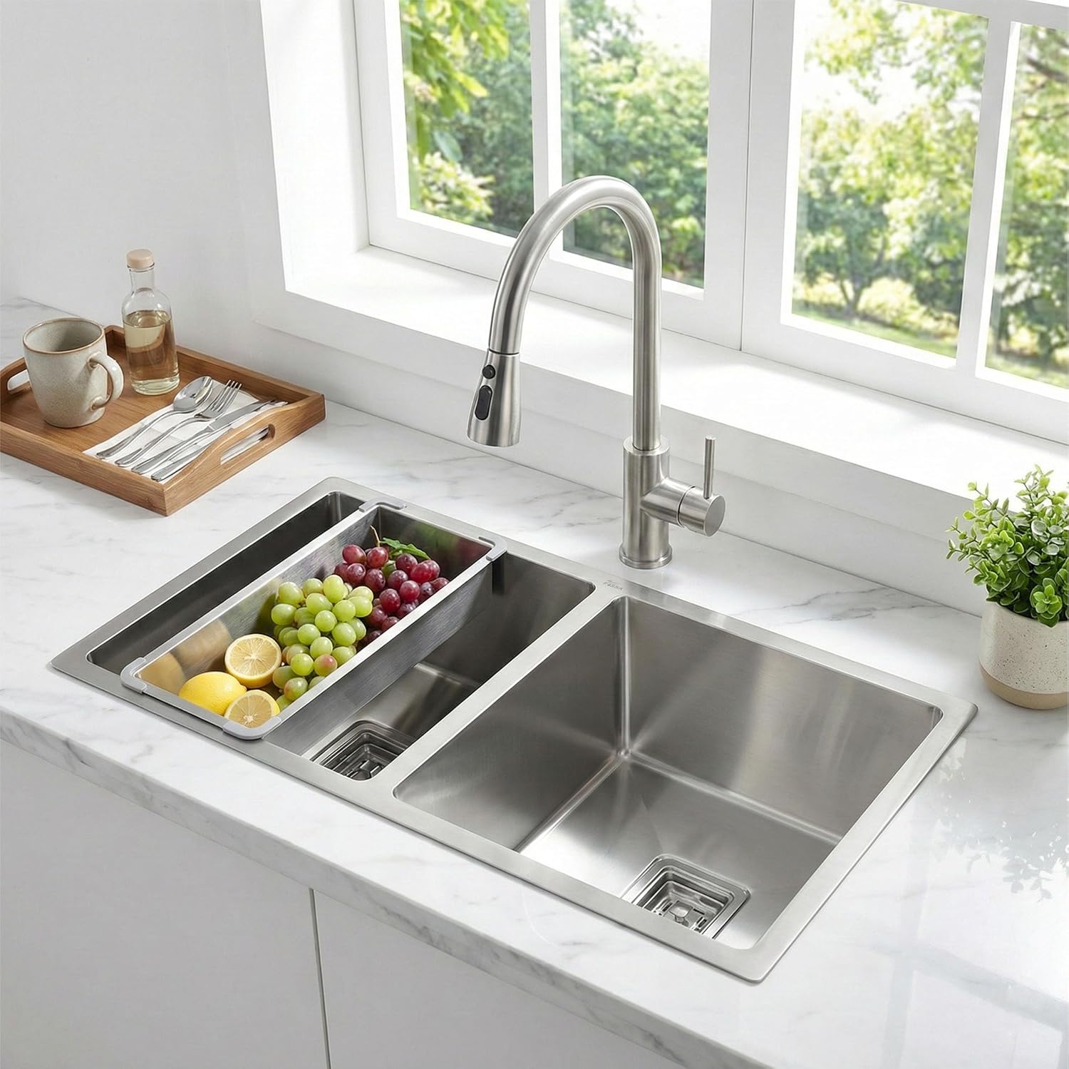 Aqua 304 Handmade  (45 x 20 x 09 ) Inch SS Double bowl Bowl Square Coupling Silver Kitchen Sink