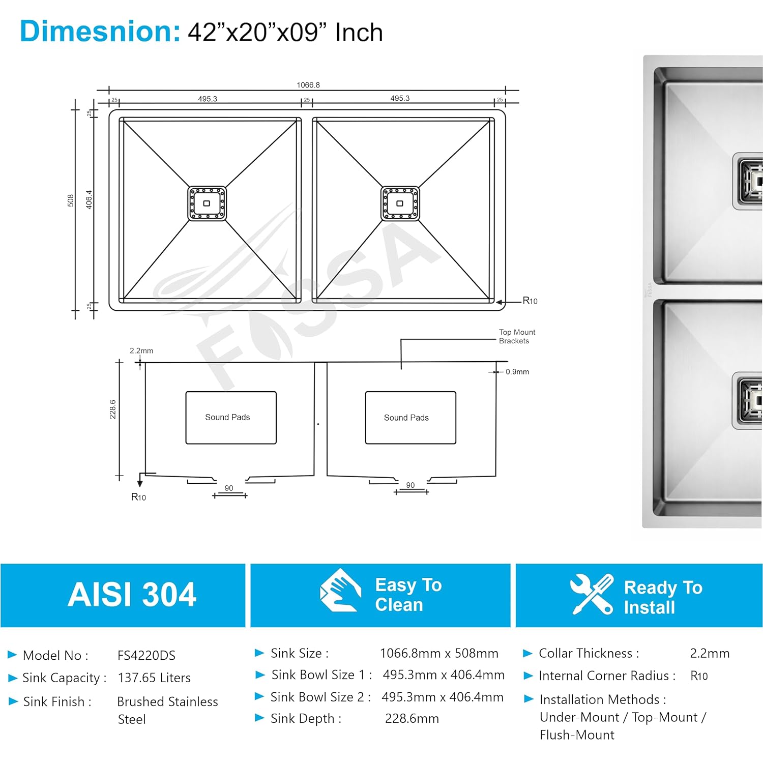 Aqua 304 Handmade  (45 x 20 x 09 ) Inch SS Double bowl Bowl Square Coupling Silver Kitchen Sink