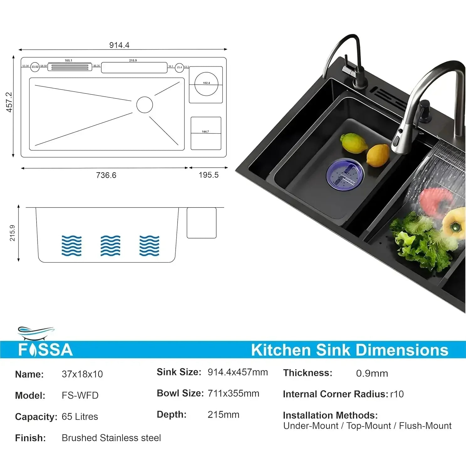 (37x 18 x 10) Inch Premium Waterfall Dustbin Honeycomb  Kitchen Sink Black