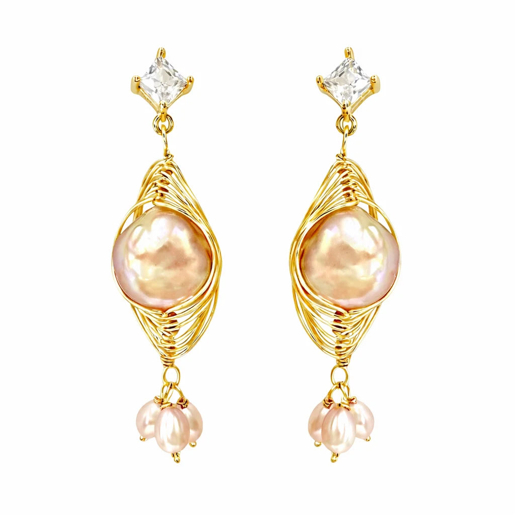 Gold Wire-Wrapped Baroque Pearl Drop Earrings