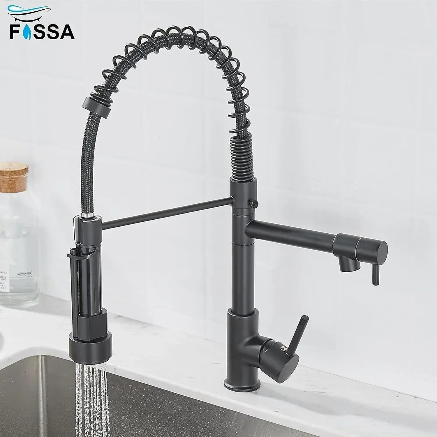 Single-Flow Dual Outlet Pull-Down SS 360° Hot & Cold Brushed Nikal Kitchen Mixer Faucet Black