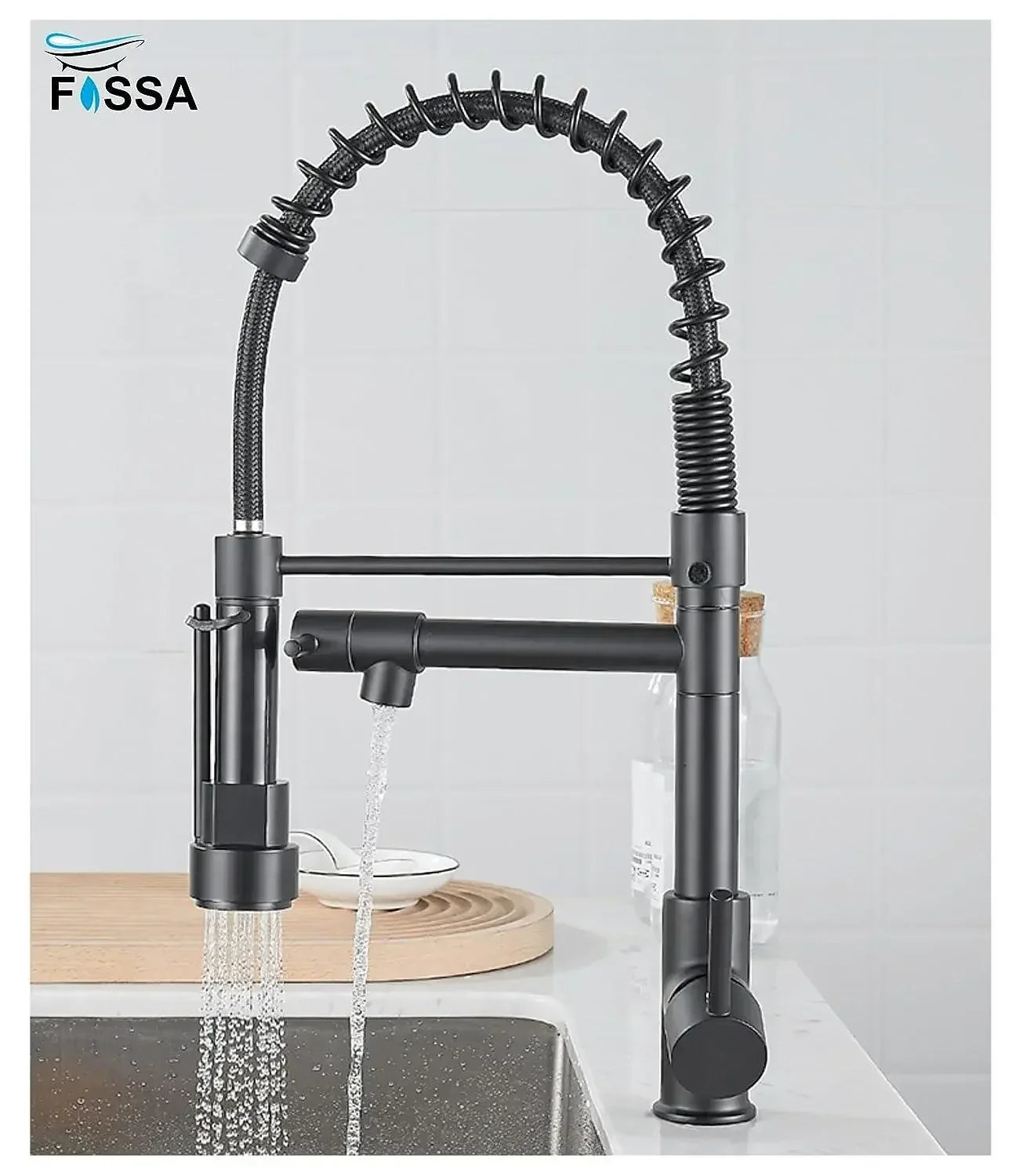 Single-Flow Dual Outlet Pull-Down SS 360° Hot & Cold Brushed Nikal Kitchen Mixer Faucet Black