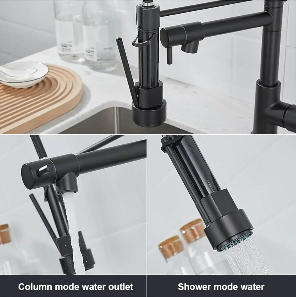 Single-Flow Dual Outlet Pull-Down SS 360° Hot & Cold Brushed Nikal Kitchen Mixer Faucet Black