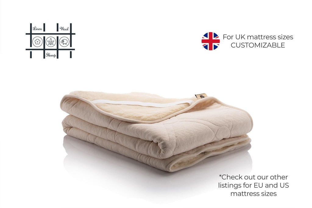 Reversible Hemp and organic cotton and Merino wool mattress pad, UK sizes